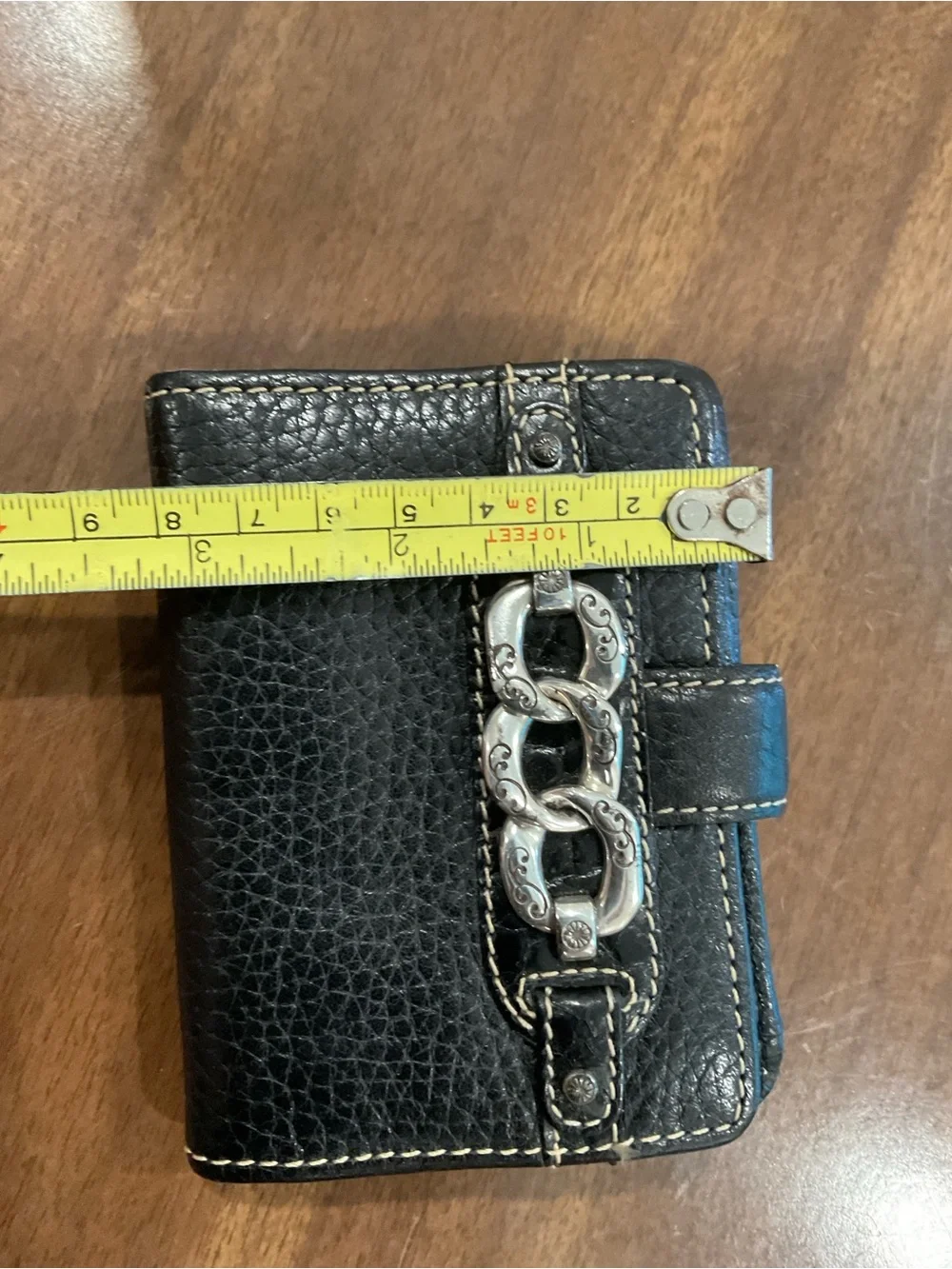 Brighton Black Leather pebble Wallet with Silver Decorative Chain Accent